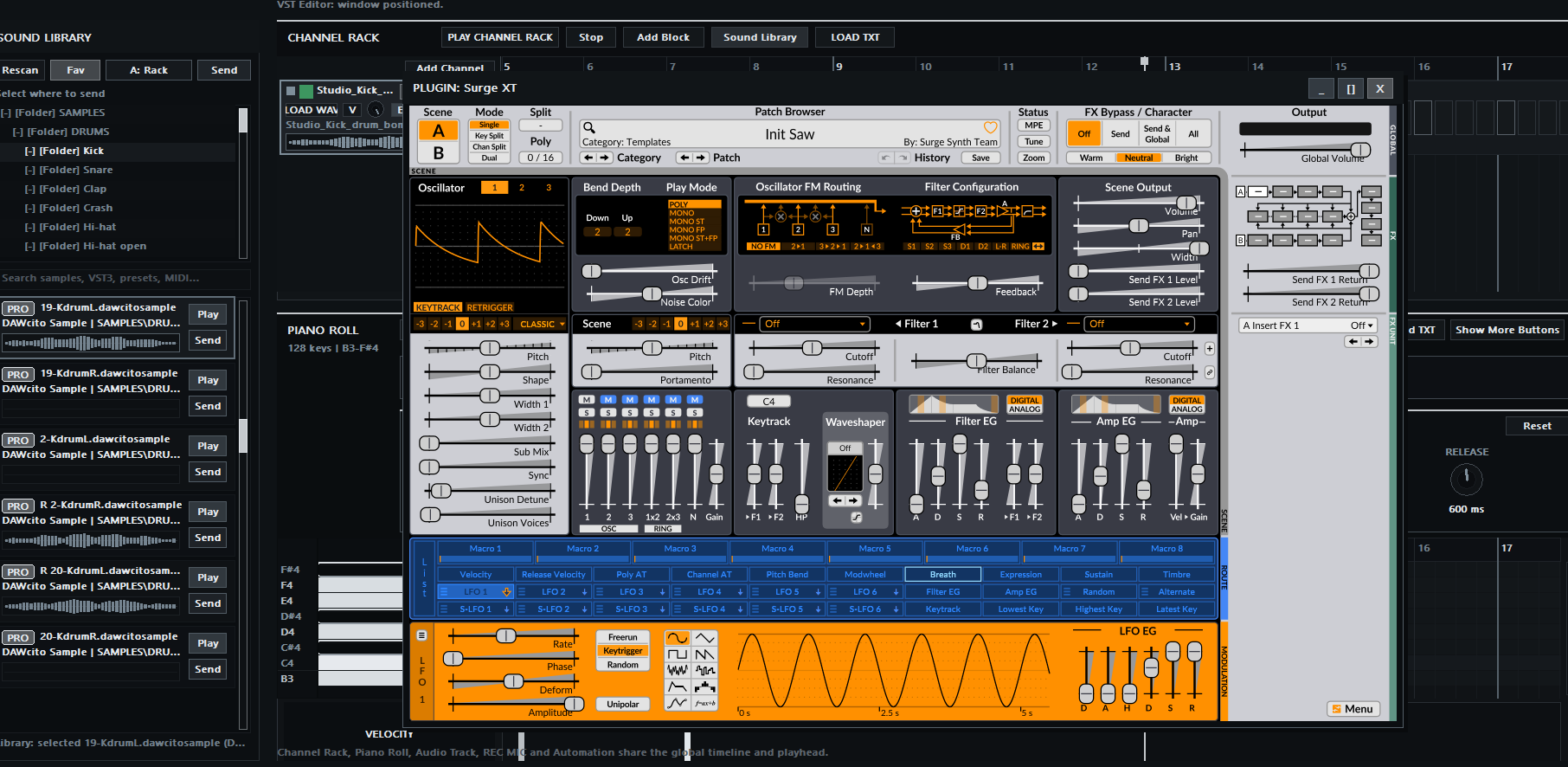 Ventana del plugin Surge XT mostrada dentro de DAWcito